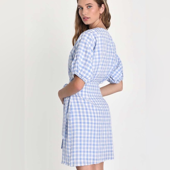 Lulus Coquette Blue and White Plaid Puff Sleeve Wrap Mini Dress XL - Picture 2 of 10
